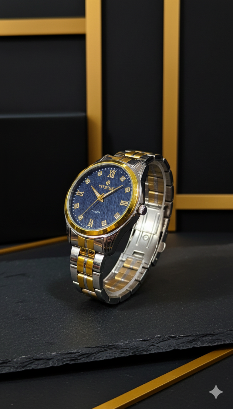 Zyorrex Two-Tone Gold & Silver Quartz Watch | Classic Blue Dial Men's Formal Timepiece