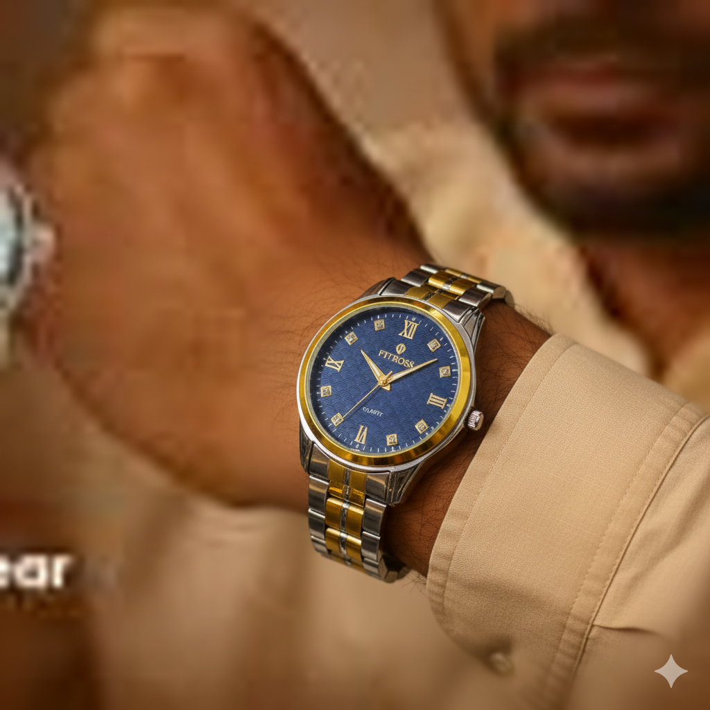 Zyorrex Two-Tone Gold & Silver Quartz Watch | Classic Blue Dial Men's Formal Timepiece