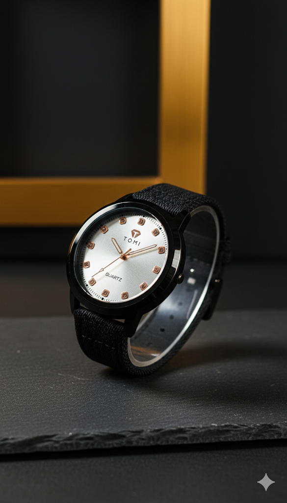 Tomi Minimalist Quartz Watch | Black Case, Rose Gold Markers, and Black Canvas Strap