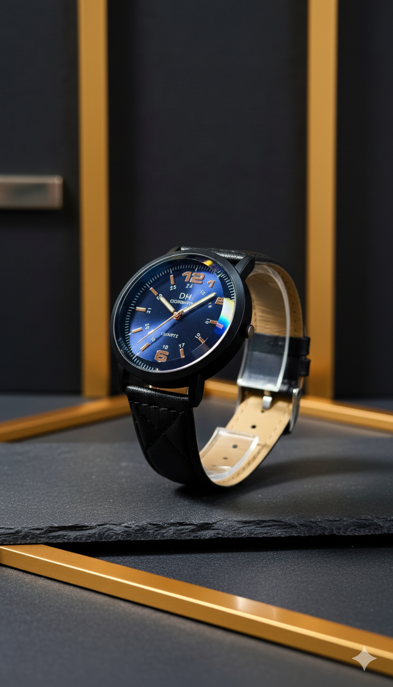 Zyorrex Dynamic Blue Dial Quartz Watch | Black Case with Stitched Leather Strap