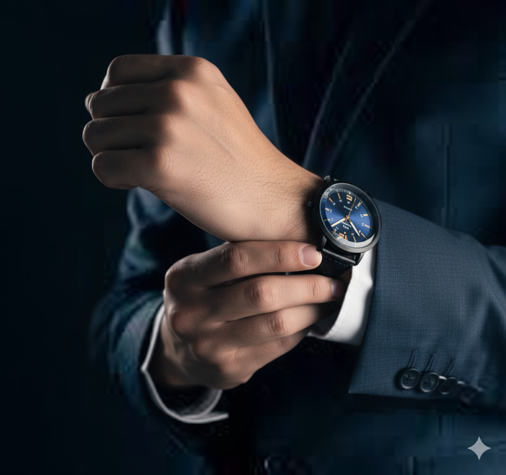 Zyorrex Dynamic Blue Dial Quartz Watch | Black Case with Stitched Leather Strap