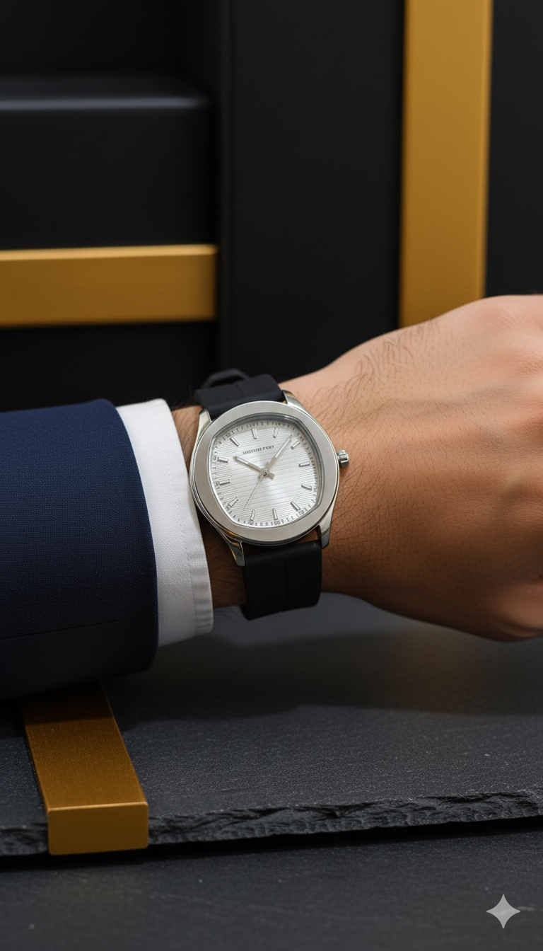 Zyorrex Contempo-Shape Watch | Modern Minimalist Silver & Black Silicone Timepiece